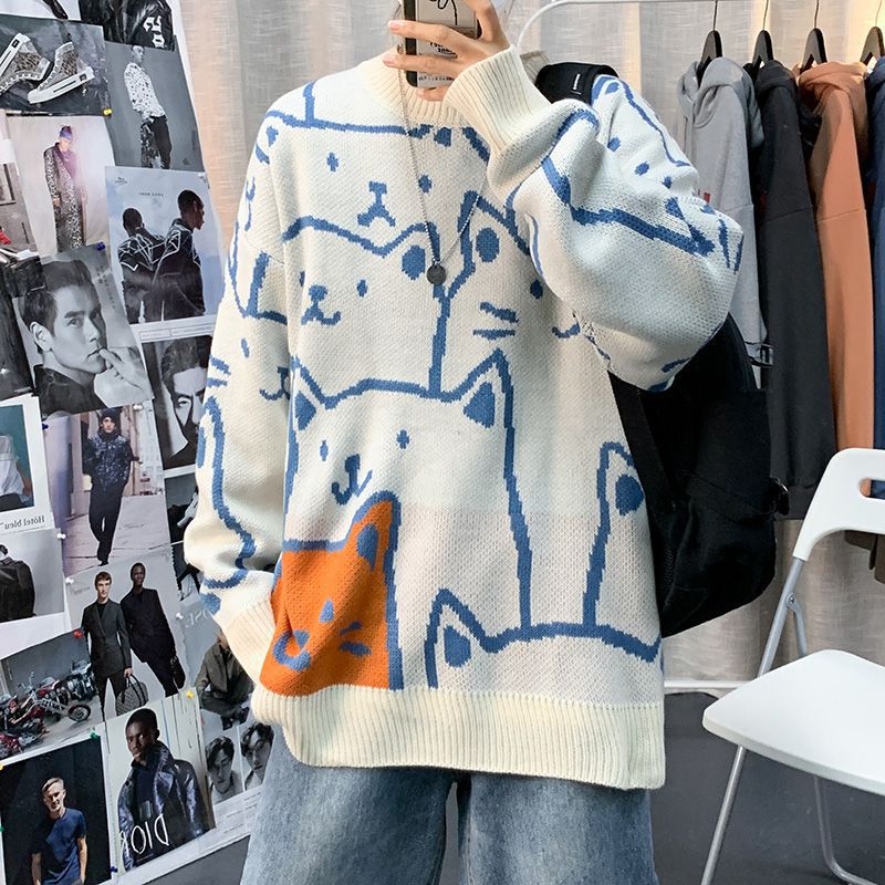 2021 autumn and winter new cat sweater men's loose casual tide brand round neck sweater Korean version couple trend coat