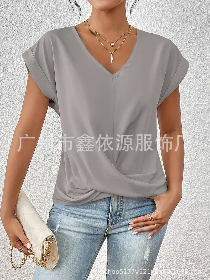 2024 Amazon cross-border hot-selling solid color V-neck T-shirt elegant short-sleeved top spring and summer women's clothing Amazon cross-border