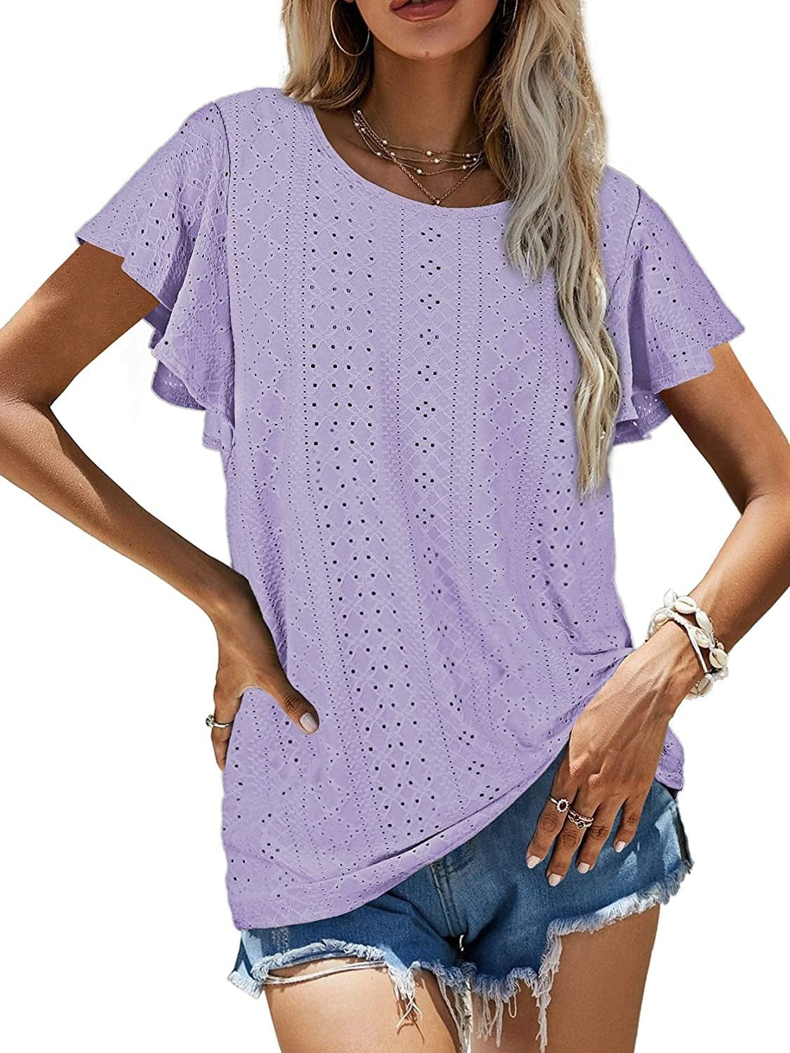 2023 European and American Amazon summer new women's tops hollowed out waist round neck lotus leaf sleeves casual T-shirt women