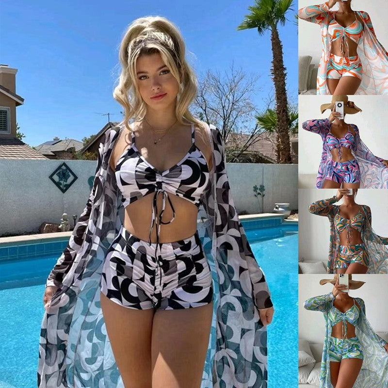 2023 New Foreign Trade Bikini Three-Piece Digital Printing Shawl Boxer Underwear Amazon Aliexpress Swimsuit for Women