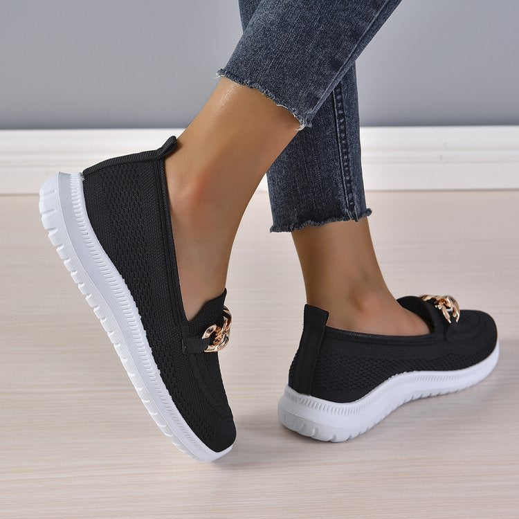 2023 summer new large size foreign trade women's shoes casual metal chain hollow breathable fly weaving lightweight sports shoes women