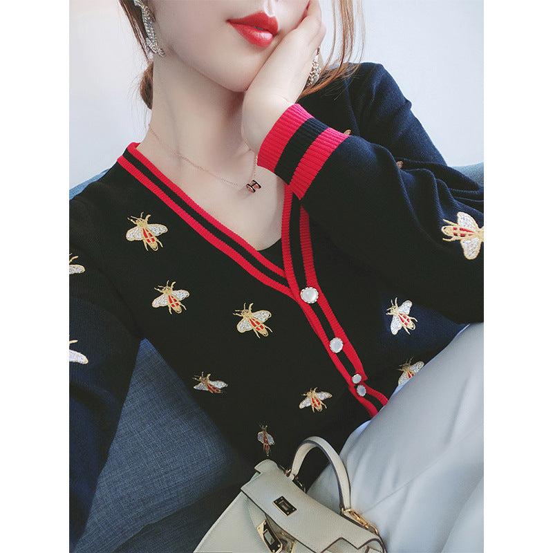 2022 autumn women's clothing new knitted sweater heavy industry embroidery V-neck sweater cardigan jacket temperament outerwear top