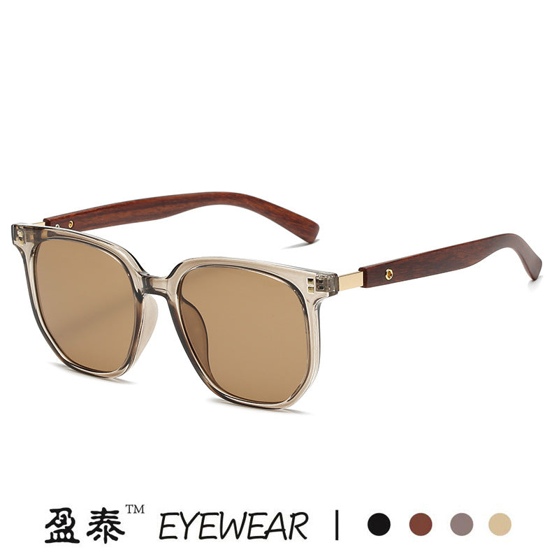 2023 New Korean Style Brown Sunglasses for Women Retro Wood Grain Legs Square Frame Round Face Glasses Fashion Sunglasses