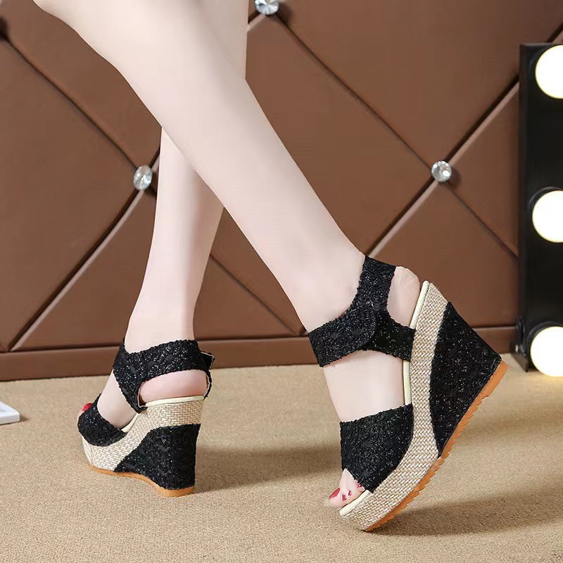 2020 Summer New European and American Wedge Heel Fish Mouth Sandals Women's Casual Platform Thick Bottom High Heel Velcro Women's Shoes