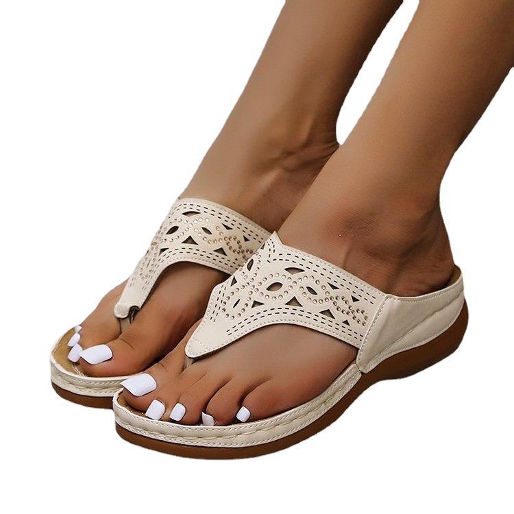 2021 summer European and American cross-border large size hollow rhinestone thick-soled thong sandals and slippers for women