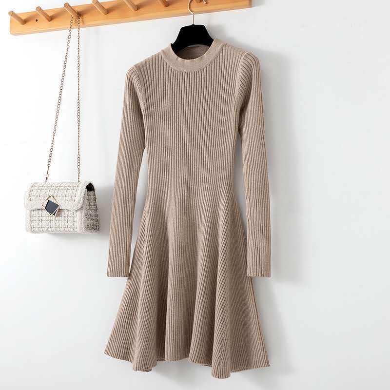 2022 Autumn New A-line Skirt Women's Waist Slimming Knitted Dress Long Skirt Long Sleeves Round Neck Temperament Swing Skirt