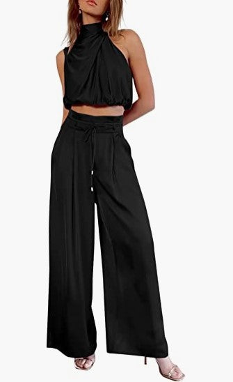 Women's 2-Piece Suit 2023 Summer Casual Sleeveless Collar Midriff-Baring Top Wide Leg Pants Suit