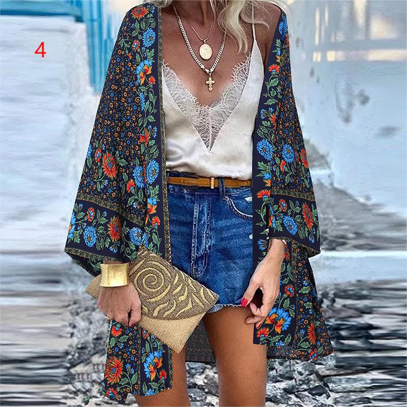 Women's 2022 Europe and America Cross Border Trendy New Casual Fashion Vacation Batwing Long Sleeve Cardigan Printed Top