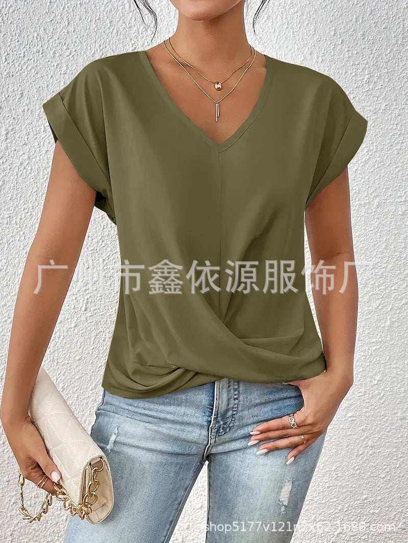 2024 Amazon cross-border hot-selling solid color V-neck T-shirt elegant short-sleeved top spring and summer women's clothing Amazon cross-border