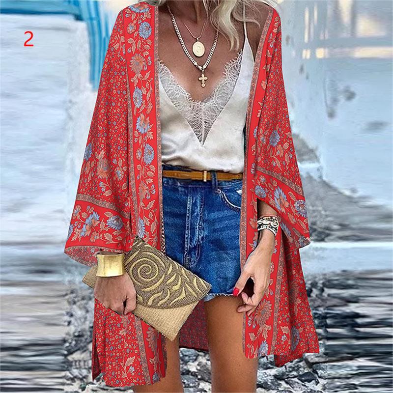 Women's 2022 Europe and America Cross Border Trendy New Casual Fashion Vacation Batwing Long Sleeve Cardigan Printed Top