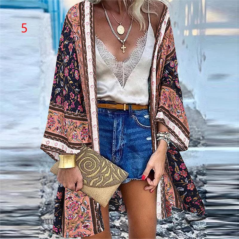 Women's 2022 Europe and America Cross Border Trendy New Casual Fashion Vacation Batwing Long Sleeve Cardigan Printed Top