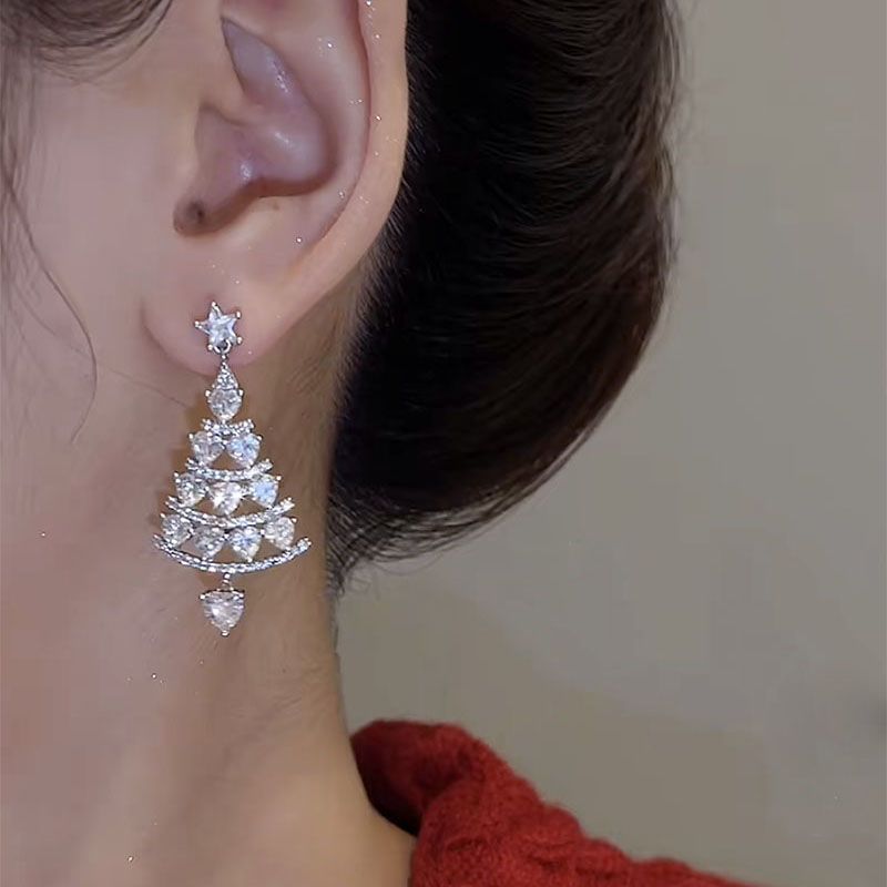 2023 New Flash Diamond Christmas Tree Earrings Women's 925 Silver Needle High-Quality Earrings Temperament Versatile Face-Slimming Earrings