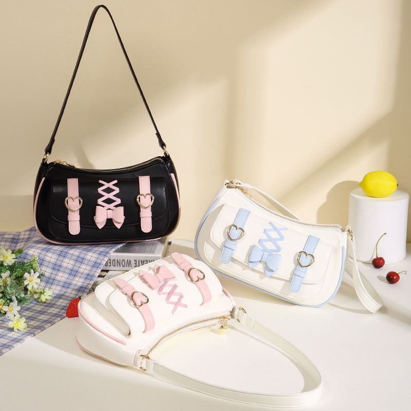 2023 new portable armpit bag baguette bag women's bag lolita bow sweet and cute lo bag small bag