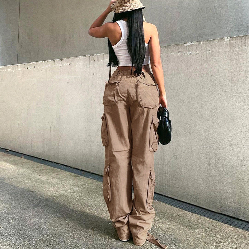 2022 autumn and winter new European and American women's tooling straight trousers high waist loose wide leg retro dad jeans women