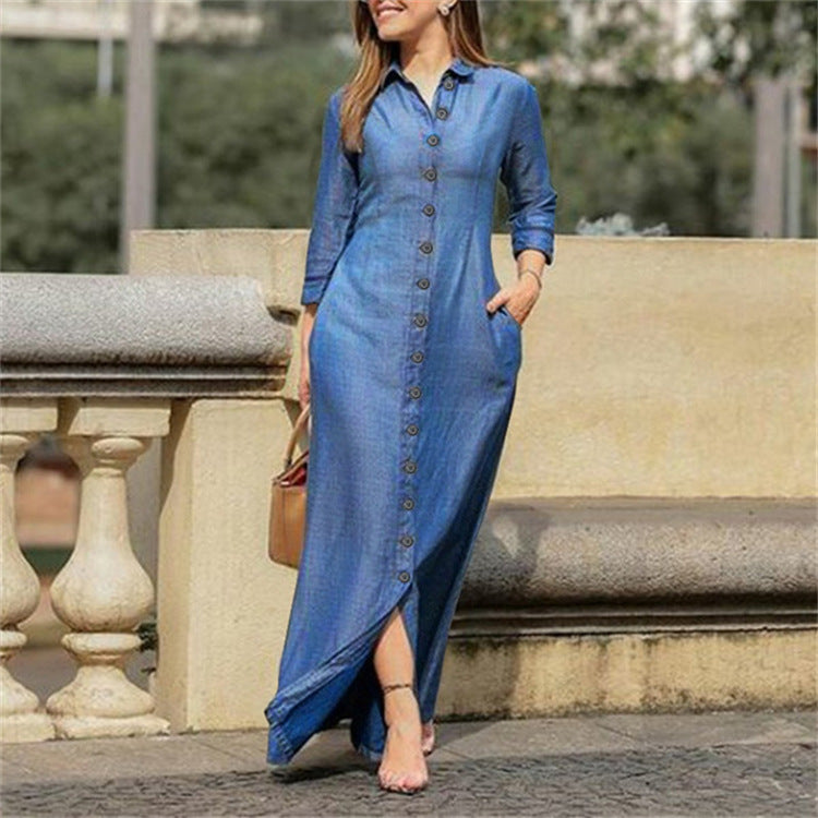 2022 European and American autumn women's clothing temperament elegant fashion neutral style long-sleeved lapel cardigan solid color long denim skirt