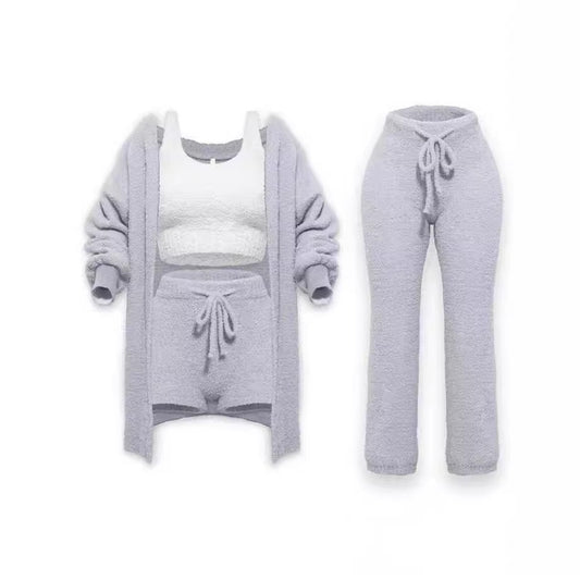 2024 autumn and winter new cross-border Amazon knitted plush long-sleeved jacket vest shorts four-piece set three-piece set