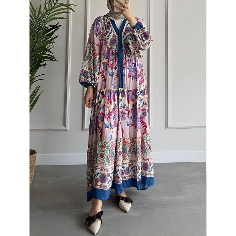 2023 new color contrast dress cross-border dress women's long-sleeved stand-up collar printed large swing skirt national long skirt