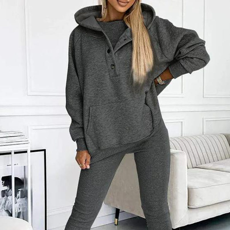 2024 Amazon cross-border women's sports casual hooded sweatshirt thickened threaded slim vest pants three-piece set