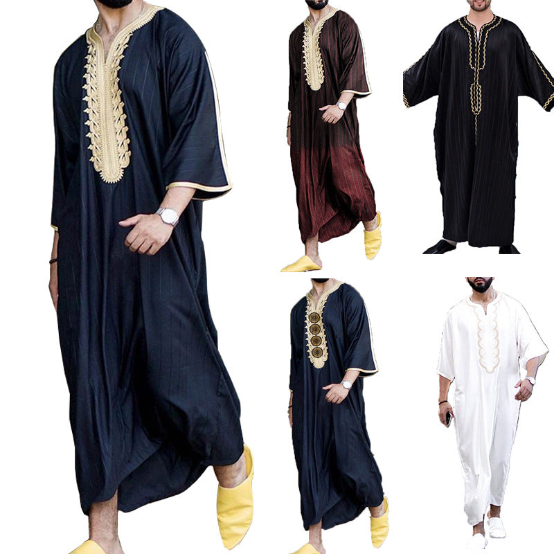 2022 cross-border AliExpress new Muslim robe ethnic style jumpsuit loose casual V-neck sleeve men's clothing