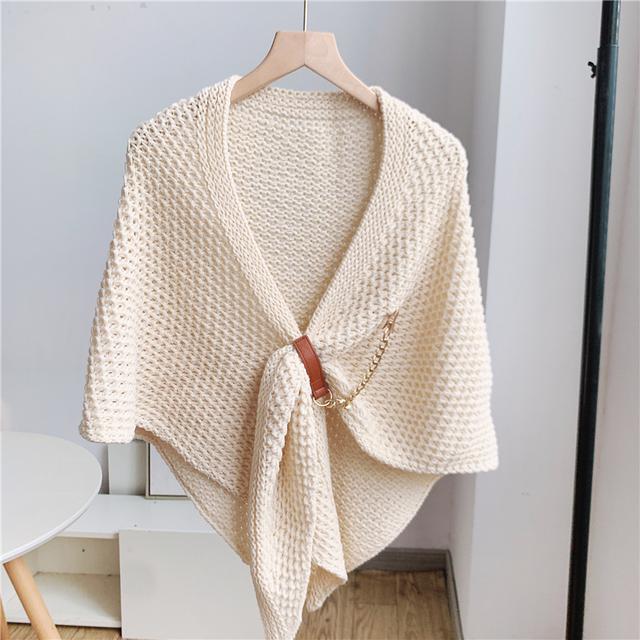 2021 autumn and winter all-match chain leather buckle knitted shawl hollowed out wool triangle scarf solid color shawl scarf dual-purpose