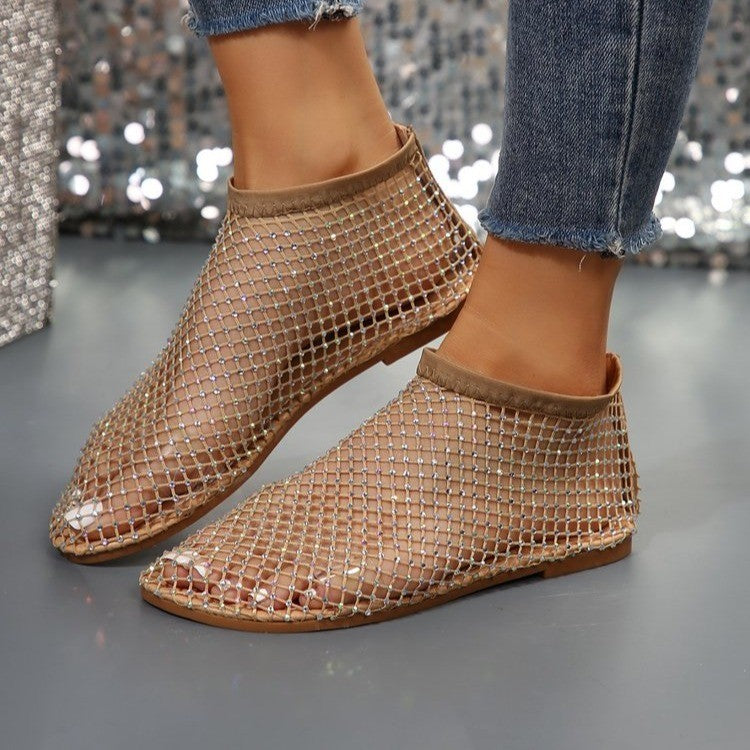 2024 spring and summer new foreign trade large size women's flat sandals broken diamond fashion European and American style fishnet solid color women's shoes