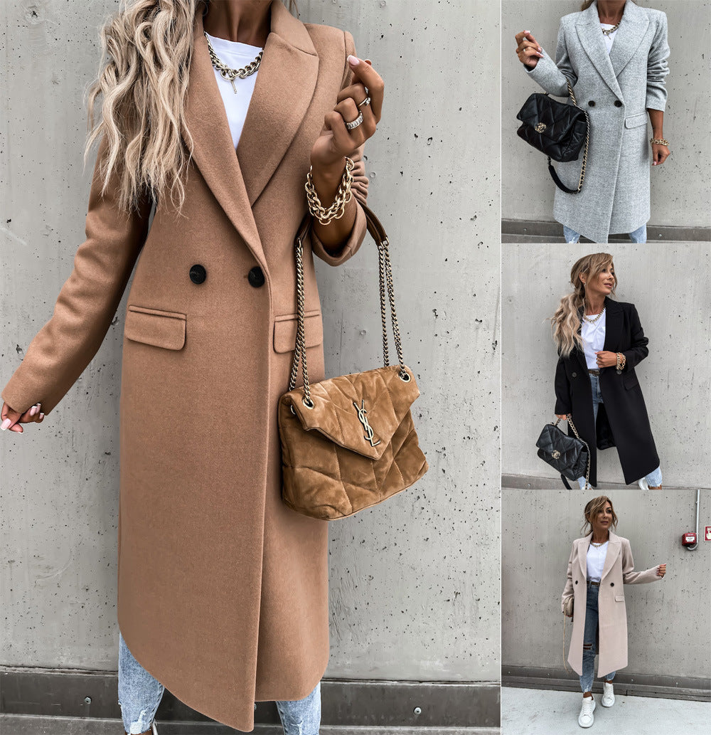 2021 Independent Station Wish Amazon Hot Autumn and Winter Long Suit Collar Woolen Coat Overcoat Female 88612