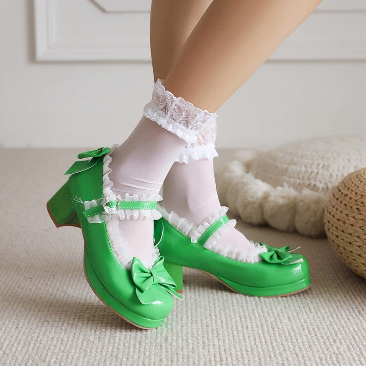 2023 new Lolita shallow mouth single shoes ruffled bow shiny leather mid-heel women's shoes size 3048