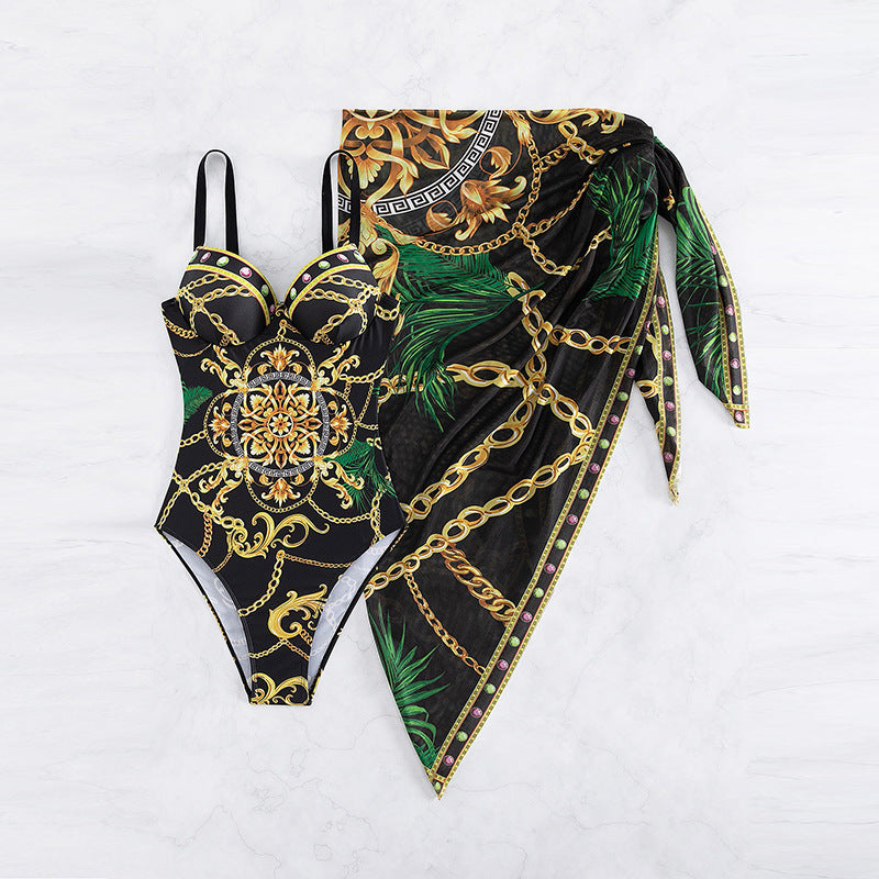 2023 European and American new one-piece swimsuit female sexy beautiful back printed bikini cover-up two-piece foreign trade bikini