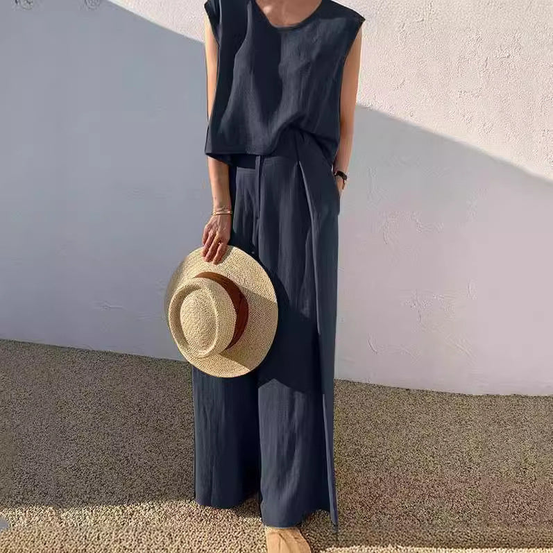 2023 Spring and Summer New Cotton and Linen Fashion Casual Loose Two-piece Sleeveless Top Loose Wide-leg Pants Women's