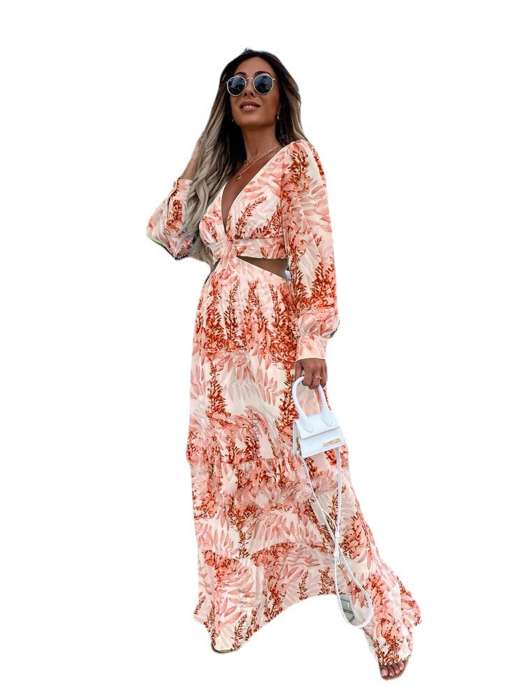 2023 Amazon European and American Fashion Women's Spring New Long Printed V-neck Long-sleeved Temperament Dress