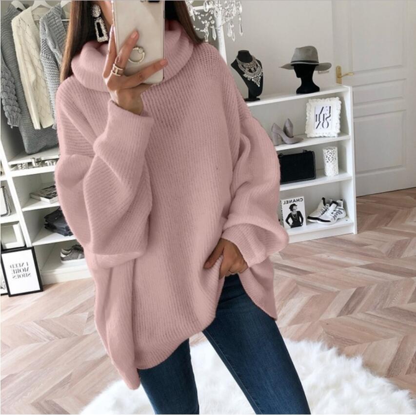 2023 European and American women's sweater Amazon solid color turtleneck sweater pile collar large size loose cross-border sweater women