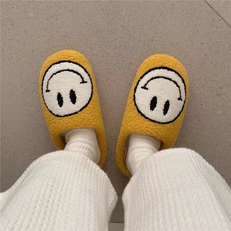 2021 New Cotton Slippers Women's Household Plush Warm Household Home Indoor Anti-slip Thick Bottom Smiley Face Hairy Autumn and Winter