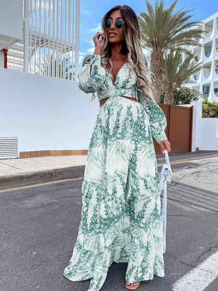 2023 Amazon European and American Fashion Women's Spring New Long Printed V-neck Long-sleeved Temperament Dress