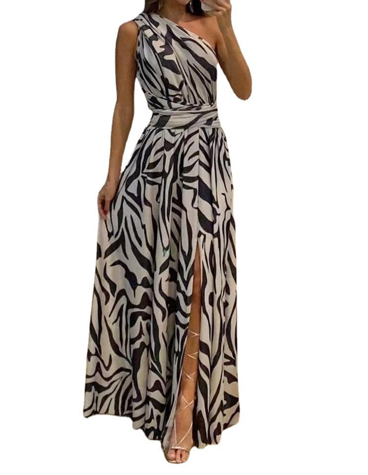 2023 summer new cross-border independent station women's sexy open back one shoulder sleeveless printed long dress 8087