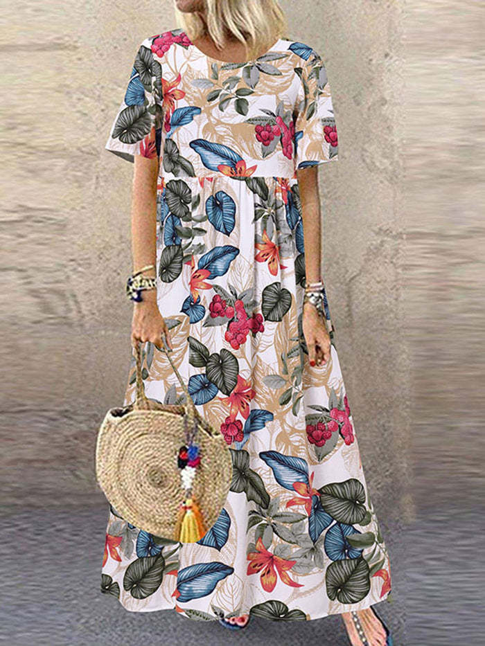 2022 European and American cross-border new long skirt Amazon round neck casual women's retro floral print loose short-sleeved