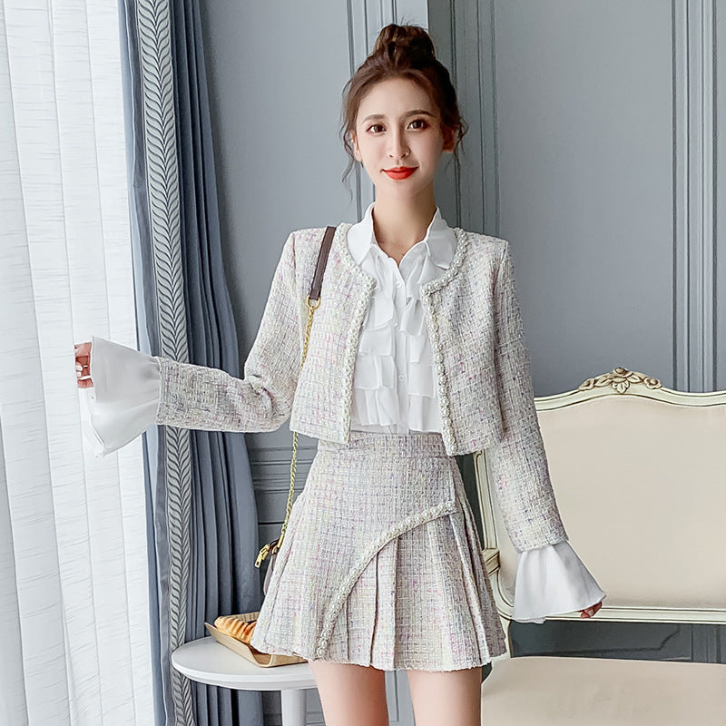 2022 Spring and Autumn New Style tweed coat + pleated high waist skirt + shirt three-piece set