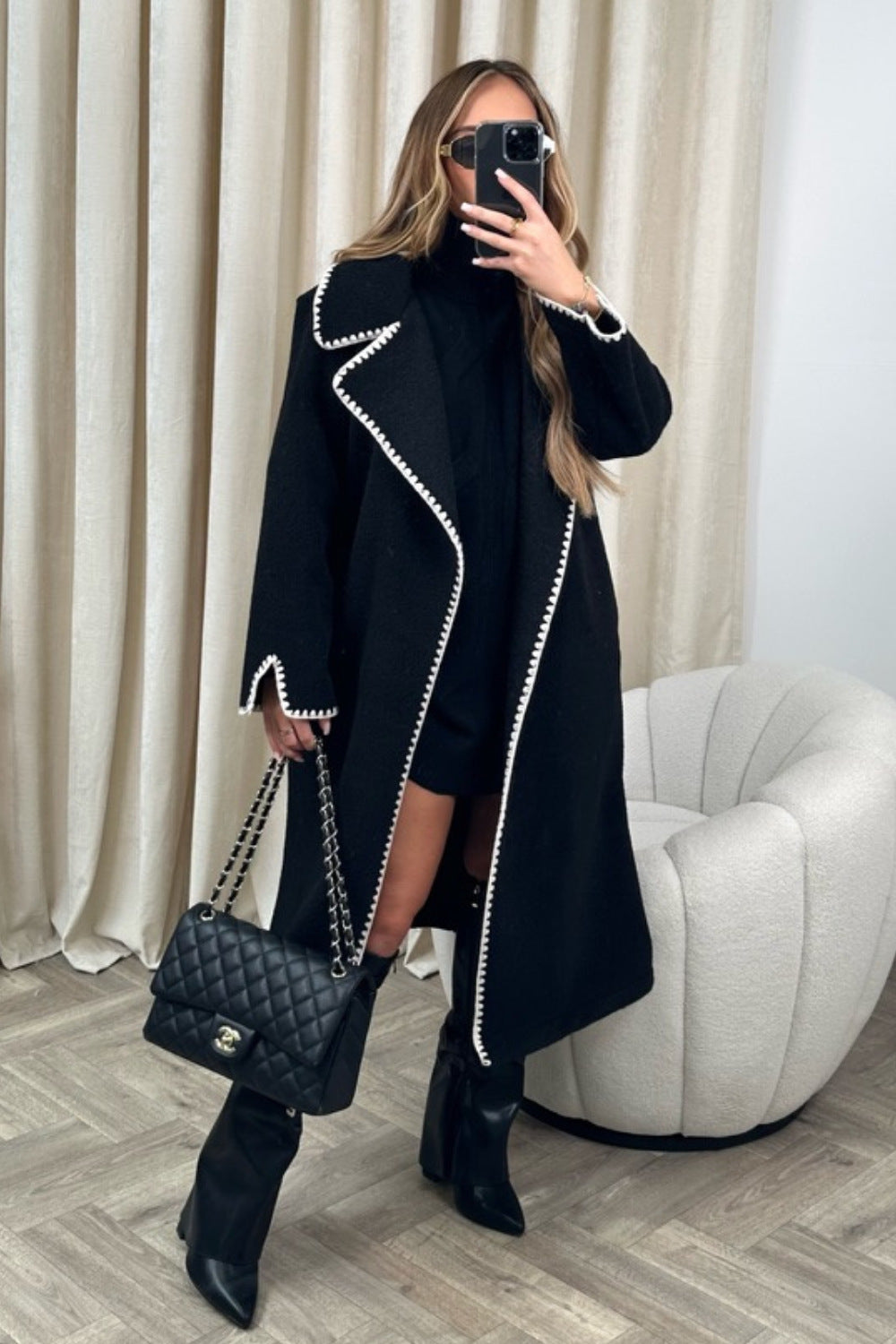 2023 European and American winter new style double-sided simple thickened and lengthened hand-crocheted double-sided woolen coat for women