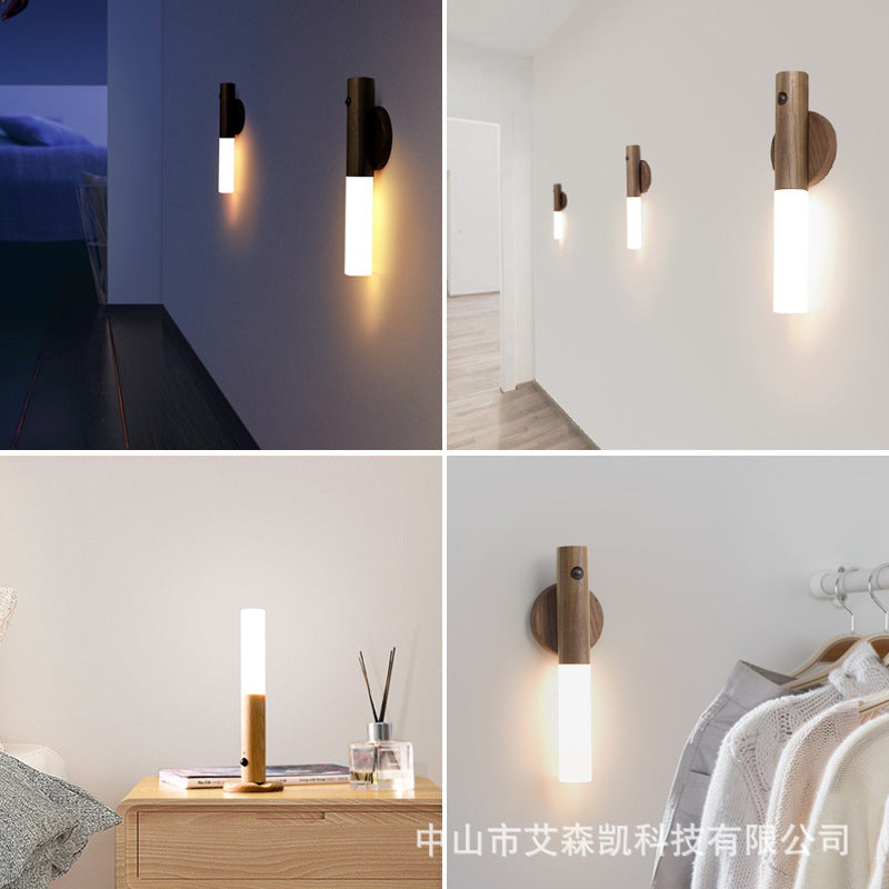 Wood Grain Human Body Induction Night Light Magnetic Stairway Aisle Wall Light LED Home Bedroom Smart Sensor Light