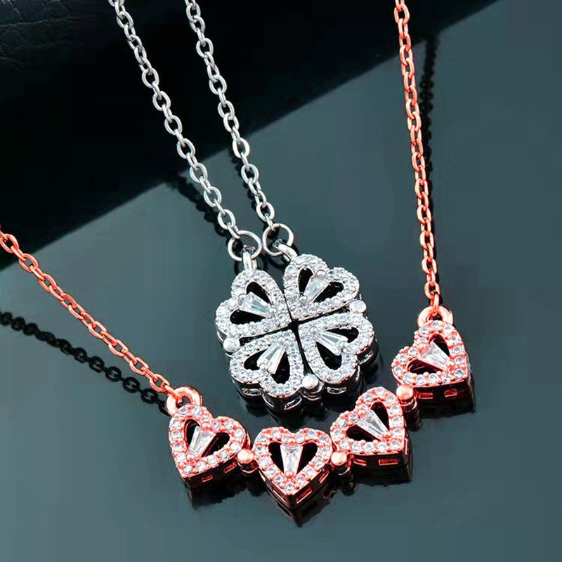 A two-wear deformed love four-leaf clover necklace female opening and closing fashion heart-to-heart folding creative clavicle chain