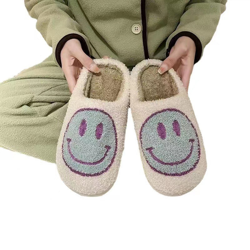 2021 New Cotton Slippers Women's Household Plush Warm Household Home Indoor Anti-slip Thick Bottom Smiley Face Hairy Autumn and Winter