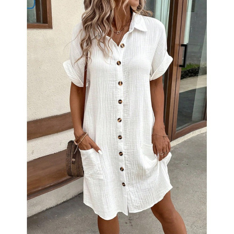 2024 AliExpress Wish Amazon Hot Sale Summer Simple V-neck Button Cotton and Linen Dress Women's Shirt Dress