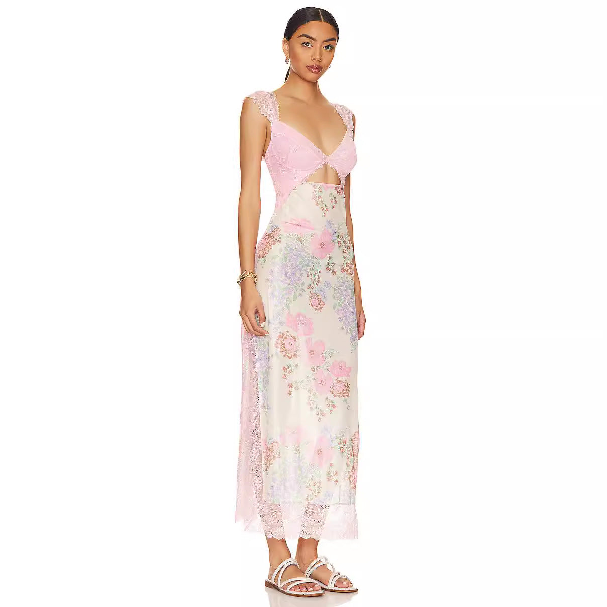 2023 Summer New Amazon AliExpress Pink Gentle Lace Strap Splicing Slit Long Dress Women's Clothing