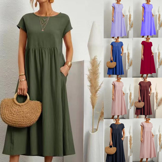 Amazon Aliexpress 2023ebay European and American Solid Color Sleeveless Loose Cotton Linen Pocket Dress in Stock