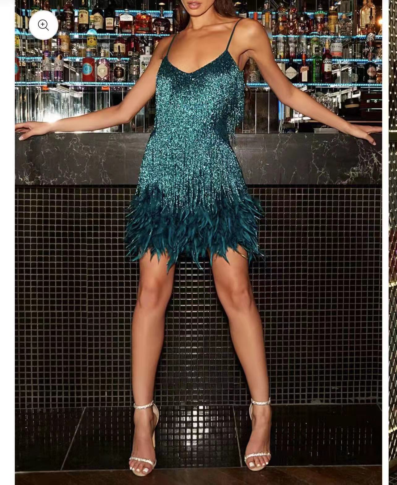 2023 Summer New Fashion Tassel Sequin Feather Stitching Dress Color Dress Amazon Explosive Spot Women