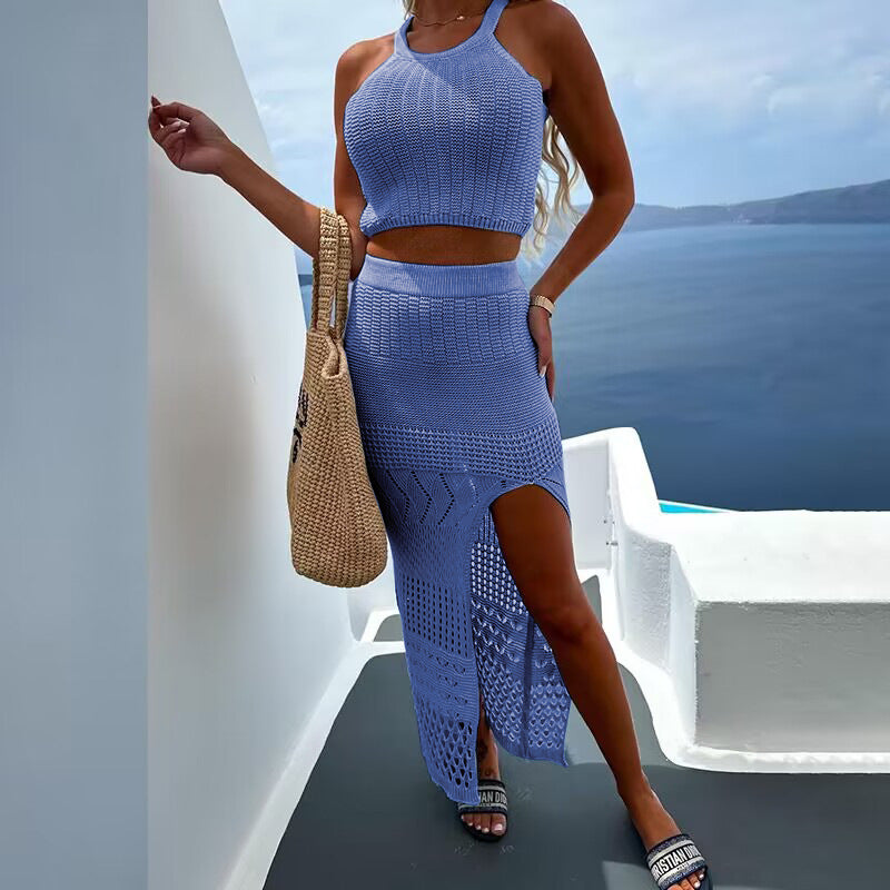 2023 European and American cross-border new women's summer short tops slit hip skirt two-piece dress