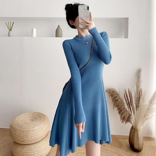 2022 Autumn New A-line Skirt Women's Waist Slimming Knitted Dress Long Skirt Long Sleeves Round Neck Temperament Swing Skirt