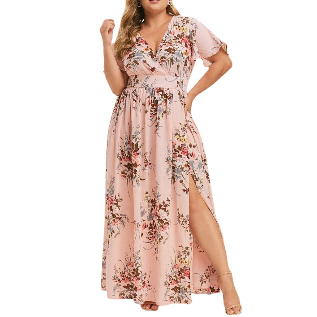 2023 European and American summer new plus size women's fat sister printed hem slit printed dress factory spot