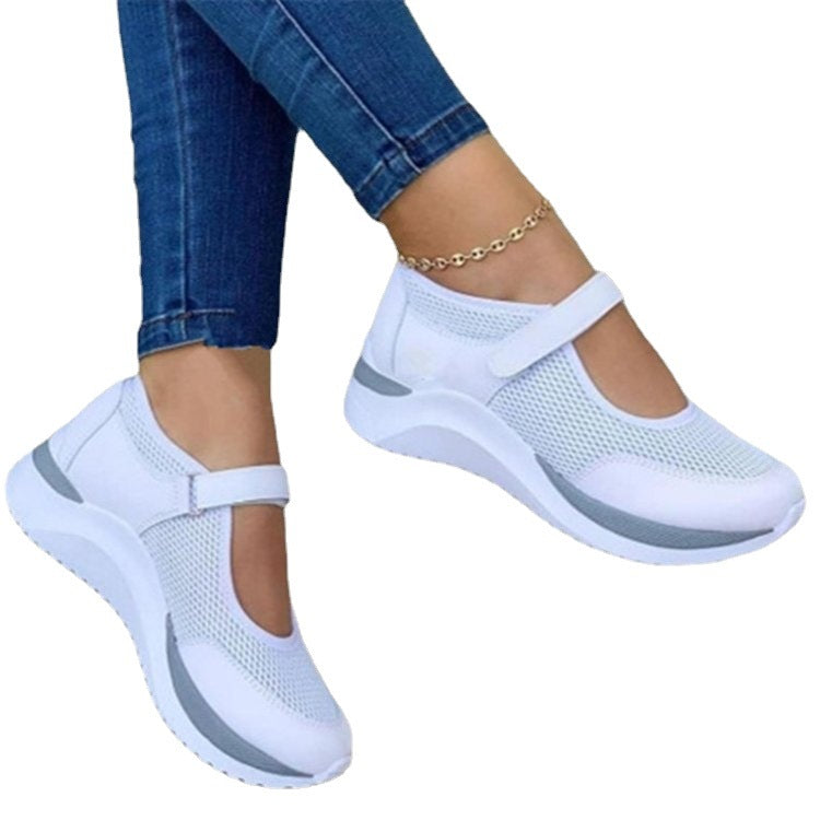 2022 European and American Summer Round Toe Knitting Velcro Thick Sole Single Shoes Women's Foreign Trade Large Size Independent Station Mesh Casual Women's Shoes