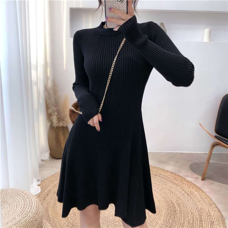 2022 Autumn New A-line Skirt Women's Waist Slimming Knitted Dress Long Skirt Long Sleeves Round Neck Temperament Swing Skirt