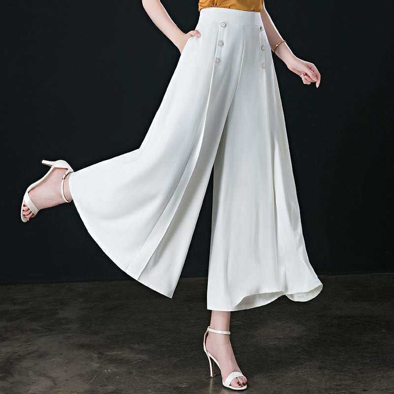 Wide-leg pants for women, summer thin, loose white culottes, high-waist slim women's nine-point pants, drapey casual mom pants